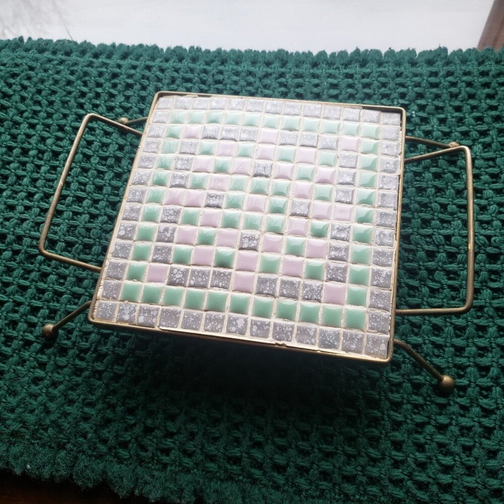 Vintage MCM Mid Century Mosaic Tile Trivet with‎ rack